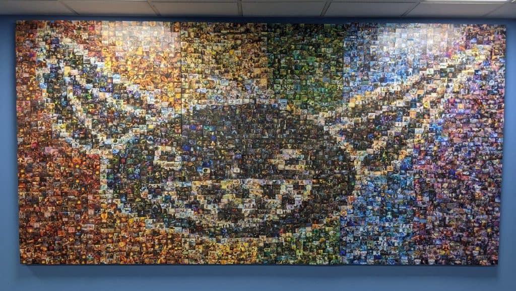 A large mosaic displayed on a wall forms the image of a stylized, grinning goblin face with pointy ears. The mosaic is made up of numerous smaller, colorful photos, creating a vibrant and detailed composite picture. Each small photo contributes to the overall design.