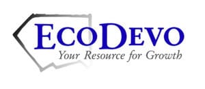 Logo for EcoDevo featuring a stylized outline of a region on the left. The text "EcoDevo" is prominently displayed in blue in the center, with the tagline "Your Resource for Growth" in smaller black text underneath.