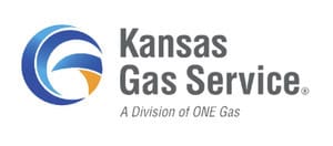 Logo of Kansas Gas Service, featuring a stylized blue and orange circular design on the left. To the right, the text reads "Kansas Gas Service" in large grey letters, and below it "A Division of ONE Gas" in smaller grey letters.