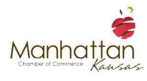 Logo of the Manhattan, Kansas Chamber of Commerce, featuring the text "Manhattan Chamber of Commerce Kansas" with a stylized apple graphic in the upper right corner, designed to symbolize auto draft efficiency and innovation.