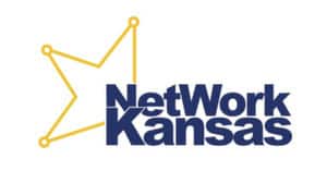 A logo with the text "NetWork Kansas" in navy blue. To the left of the text, a gold line drawing of Kansas features five circular points connected by lines, forming a network.