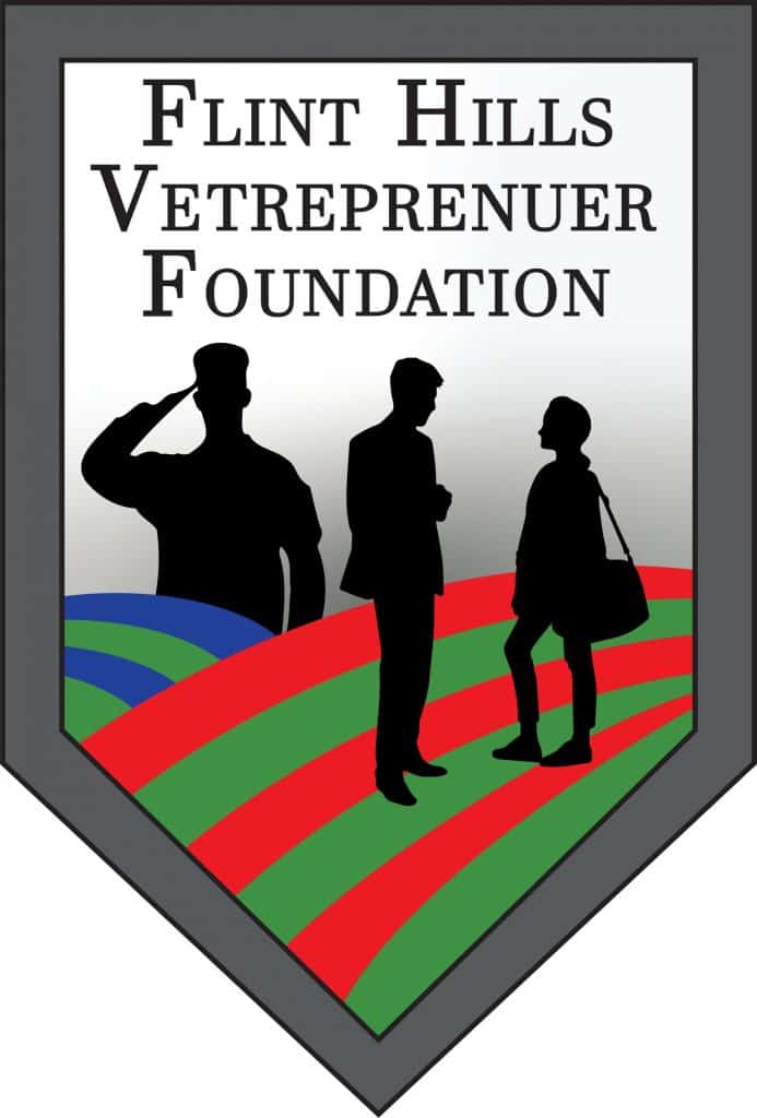 Logo of Flint Hills Vetreprenuer Foundation featuring silhouettes of three individuals—one saluting, one with hands in pockets, and one carrying a bag. The background includes colorful curves in blue, green, and red, with text above reading "Flint Hills Vetrepreneur Foundation.