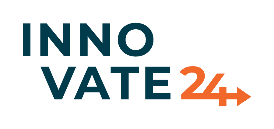 The image shows the text "INNOVATE 24" with "INNO VATE" in dark blue and "24" in orange. The number "24" features an arrow pointing to the right, integrated into its design.
