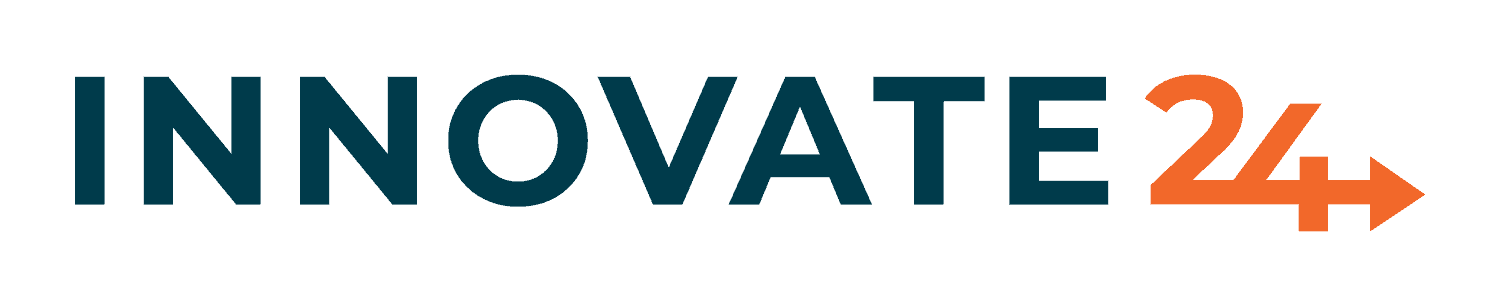 Bold text spells "INNOVATE" in dark blue, followed by the number "24" in bright orange. An arrow extends from the bottom part of the "4" to the right, matching the orange color. The overall design suggests a forward-moving concept.