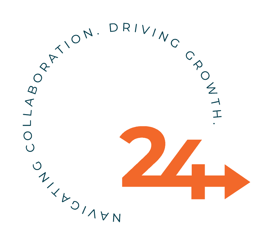 A circular text reading "Driving Growth. Navigating Collaboration." surrounds the number "24" in bold orange, with an arrow integrated into the number, pointing to the right.