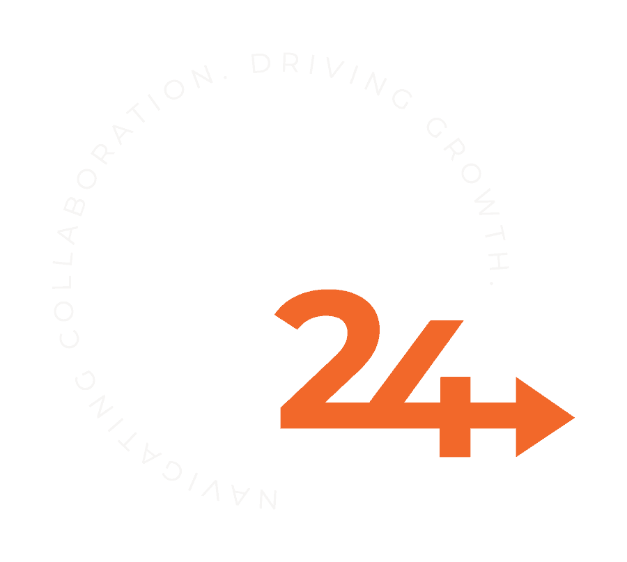 A circular logo with the number "24" in orange, followed by a rightward arrow. Surrounding the circle, light gray text reads: "Navigating Collaboration. Driving Growth.