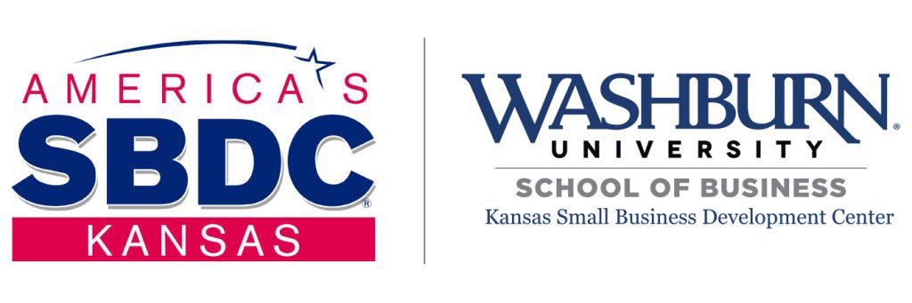 Logos of America's Small Business Development Center (Kansas) and Washburn University School of Business, Kansas Small Business Development Center. The SBDC logo features blue and red text with a star, while the Washburn logo features blue text and a grey line, in partnership with NetWork Kansas.