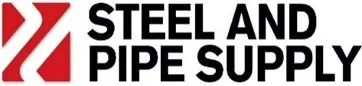 Logo of Steel and Pipe Supply. The image features a red, abstract, double-chevron symbol on the left, followed by the company name "Steel and Pipe Supply" in bold, black text.